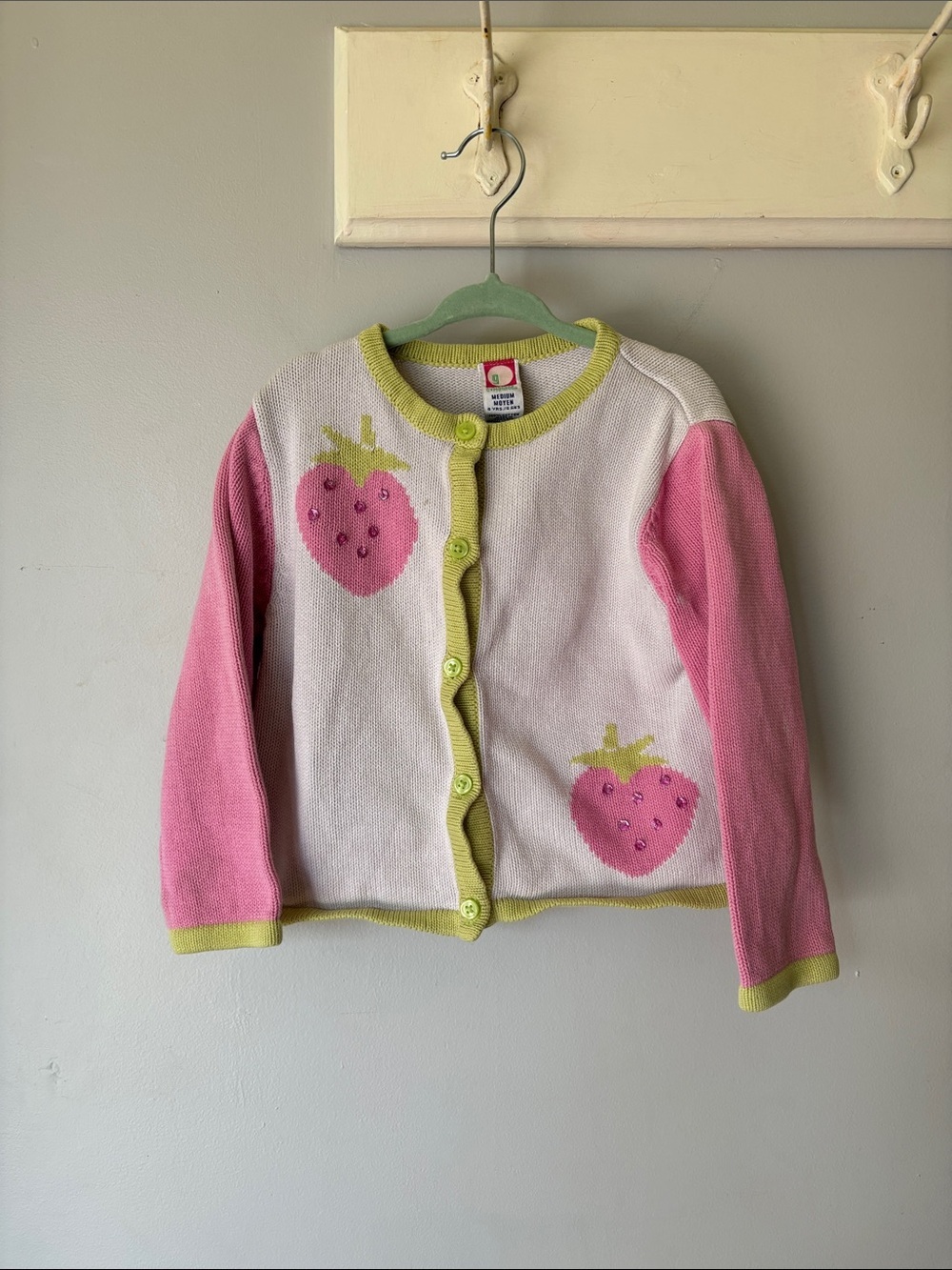 Gymboree Vintage 4T Cream Knit Strawberry Cardigan Cotton Lime Trim